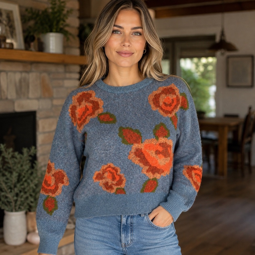 Natural Life Sweater Womens XS Blue Excellent Floral Rose Crewneck Pullover